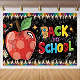Lofaris Vibrant Back to School Backdrop with Red Apple and Chalkboard Art Colorful Pencil Border Photography Background for Classroom
