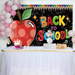 Lofaris Vibrant Back to School Backdrop with Red Apple and Chalkboard Art Colorful Pencil Border Photography Background for Classroom