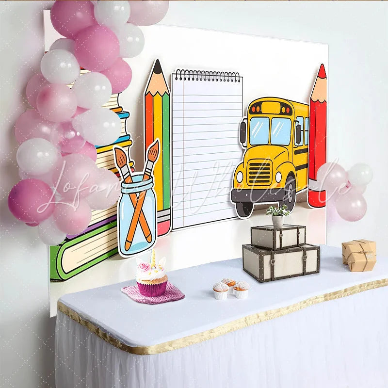 Lofaris Vibrant Back To School Backdrop with Yellow School Bus and Colorful Books Cute Classroom Decor Background for Kids Photoshoot