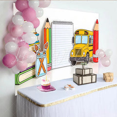 Lofaris Vibrant Back To School Backdrop with Yellow School Bus and Colorful Books Cute Classroom Decor Background for Kids Photoshoot