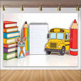 Lofaris Vibrant Back To School Backdrop with Yellow School Bus and Colorful Books Cute Classroom Decor Background for Kids Photoshoot