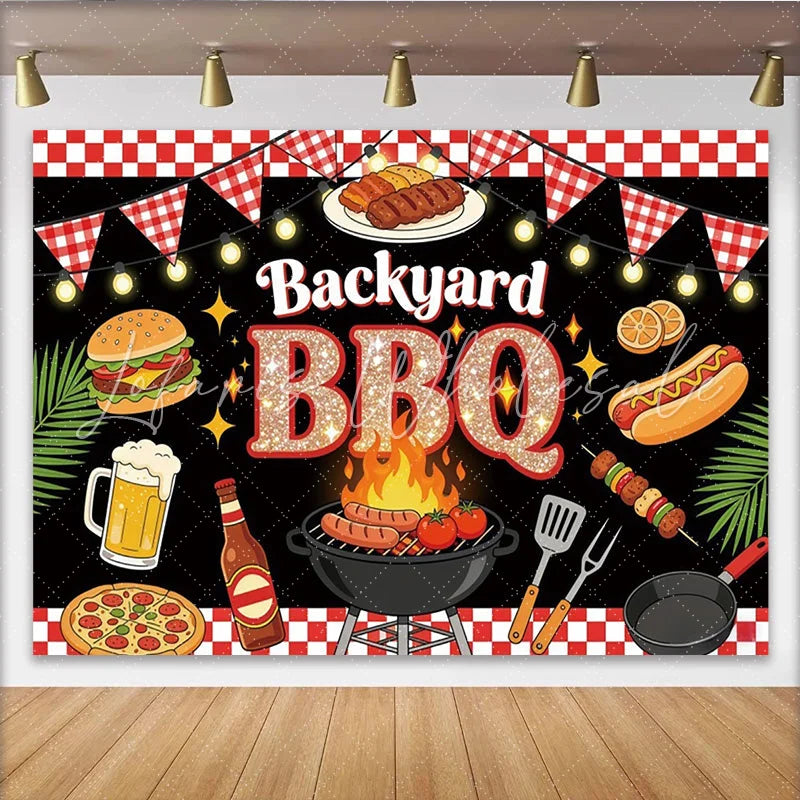 Lofaris Vibrant Backyard BBQ Photography Backdrop with Grill Food and Beer Festive Party Background for Summer Event Decor.