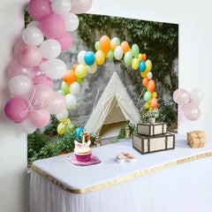 Lofaris Vibrant Balloon Arch and Teepee Tent Birthday Cake Smash Backdrop Outdoor Rustic Photo Shoot Decor