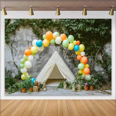 Lofaris Vibrant Balloon Arch and Teepee Tent Birthday Cake Smash Backdrop Outdoor Rustic Photo Shoot Decor