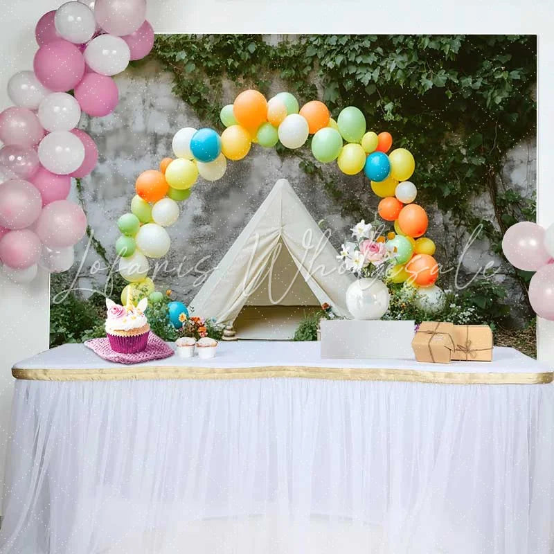 Lofaris Vibrant Balloon Arch and Teepee Tent Birthday Cake Smash Backdrop Outdoor Rustic Photo Shoot Decor