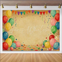 Lofaris Vibrant Balloons and Bunting Flags Party Backdrop Vintage Brown Confetti for Birthday Celebration