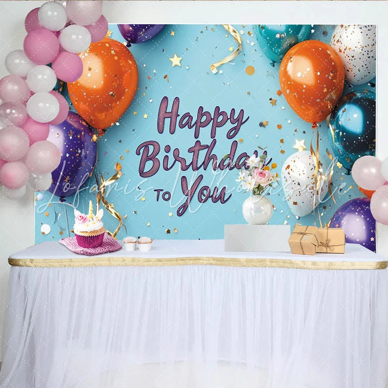 Lofaris Vibrant Balloons and Gold Confetti Light Blue Happy Birthday to You Backdrop Festive Party Decor