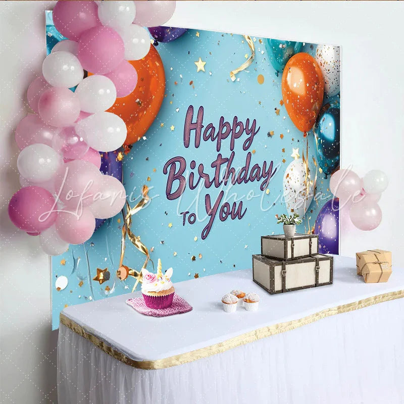 Lofaris Vibrant Balloons and Gold Confetti Light Blue Happy Birthday to You Backdrop Festive Party Decor