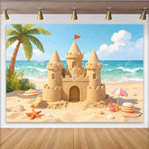 Lofaris Vibrant Beach Sandcastle Photography Backdrop with Ocean Waves and Palm Tree Summer Vacation Background for Studio Photoshoot
