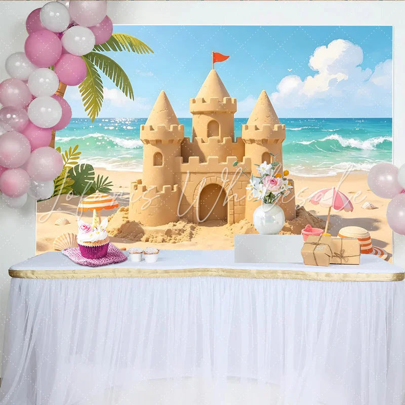 Lofaris Vibrant Beach Sandcastle Photography Backdrop with Ocean Waves and Palm Tree Summer Vacation Background for Studio Photoshoot