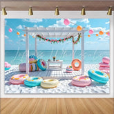 Lofaris Vibrant Beach Summer Photography Backdrop with White Pergola and Floral Garland Colorful Ocean View for Tropical Party Decor