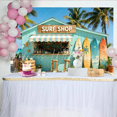Lofaris Vibrant Beach Surf Shop Photography Backdrop with Palm Trees and Ocean Colorful Surfboards and Starfish Summer Photo Booth
