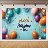 Lofaris Vibrant Blue Happy Birthday Backdrop with Colorful Balloons Glitter Confetti and Stars for Party Celebration