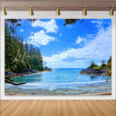 Lofaris Vibrant Blue Ocean Beach Photography Backdrop with Green Forest Summer Studio Background for Vacation Photoshoot
