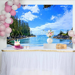 Lofaris Vibrant Blue Ocean Beach Photography Backdrop with Green Forest Summer Studio Background for Vacation Photoshoot