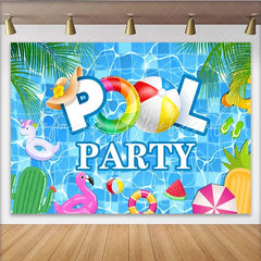 Lofaris Vibrant Blue Pool Party Backdrop with Summer Floats and Palm Leaves Fun Photography Background for Kids and Summer Events