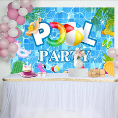 Lofaris Vibrant Blue Pool Party Backdrop with Summer Floats and Palm Leaves Fun Photography Background for Kids and Summer Events