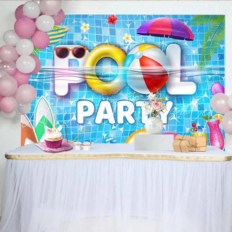 Lofaris Vibrant Blue Pool Party Backdrop with Swimming Rings Summer Vacation Photography Background for Event Decor.