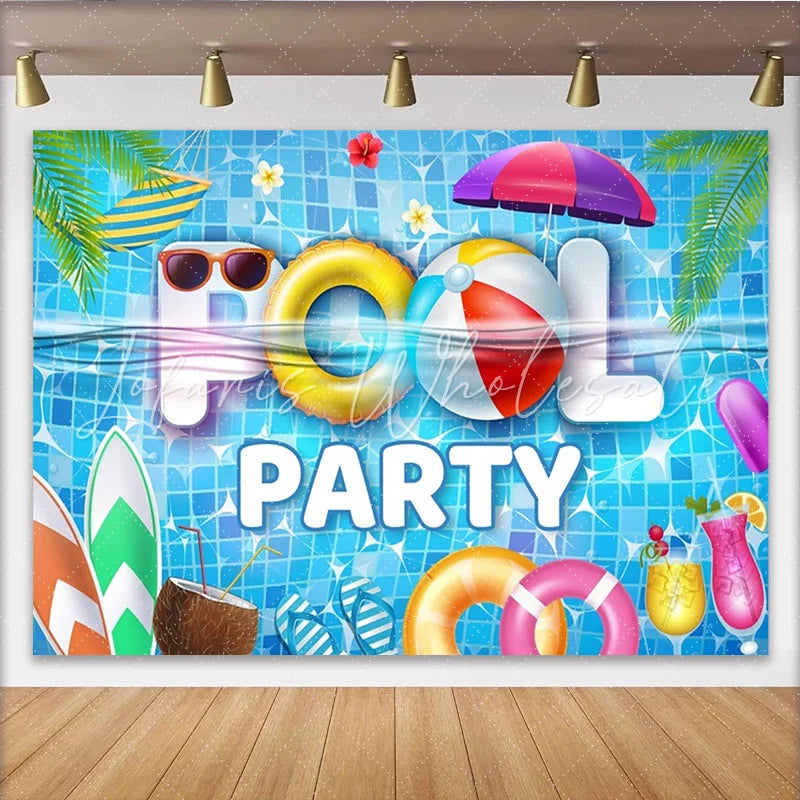 Lofaris Vibrant Blue Pool Party Backdrop with Swimming Rings Summer Vacation Photography Background for Event Decor.