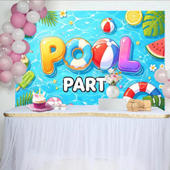 Lofaris Vibrant Blue Pool Party Birthday Backdrop with Inflatable Letters and Summer Fruits Fun Photography Background for Kids and Adults