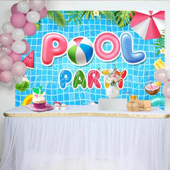 Lofaris Vibrant Blue Pool Party Birthday Backdrop with Summer Inflatables Fun Celebration Background for Kids and Adults Photoshoot