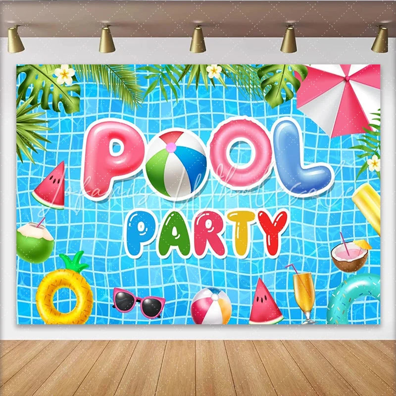 Lofaris Vibrant Blue Pool Party Birthday Backdrop with Summer Inflatables Fun Celebration Background for Kids and Adults Photoshoot