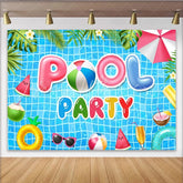 Lofaris Vibrant Blue Pool Party Birthday Backdrop with Summer Inflatables Fun Celebration Background for Kids and Adults Photoshoot