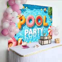 Lofaris Vibrant Blue Pool Party Photography Backdrop with Inflatable Letters and Flamingo Summer Fun Background for Kids and Adults