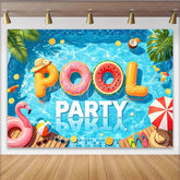 Lofaris Vibrant Blue Pool Party Photography Backdrop with Inflatable Letters and Flamingo Summer Fun Background for Kids and Adults