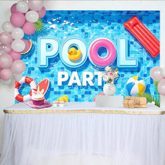 Lofaris Vibrant Blue Pool Party Photography Backdrop with Summer Floats and Palm Leaves Fun Water Background for Event Photoshoot