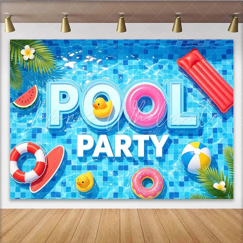 Lofaris Vibrant Blue Pool Party Photography Backdrop with Summer Floats and Palm Leaves Fun Water Background for Event Photoshoot