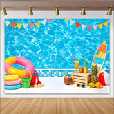 Lofaris Vibrant Blue Pool Summer Photography Backdrop with Colorful Pennants Tropical Vacation Background for Party Decor