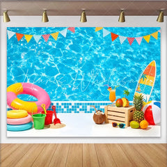 Lofaris Vibrant Blue Pool Summer Photography Backdrop with Colorful Pennants Tropical Vacation Background for Party Decor