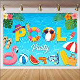 Lofaris Vibrant Blue Summer Pool Party Backdrop with Flamingo Tropical Festive Background for Photoshoot and Decor.