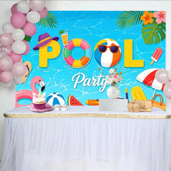 Lofaris Vibrant Blue Summer Pool Party Backdrop with Flamingo Tropical Festive Background for Photoshoot and Decor.