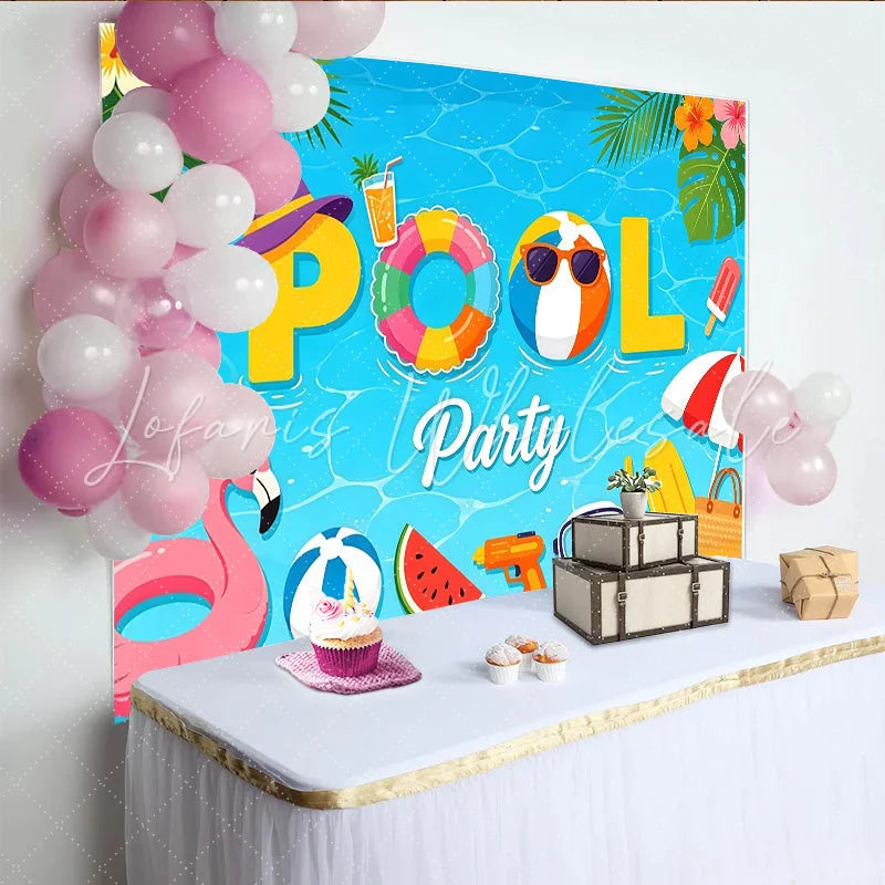 Lofaris Vibrant Blue Summer Pool Party Backdrop with Flamingo Tropical Festive Background for Photoshoot and Decor.
