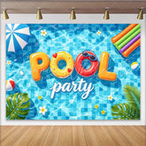 Lofaris Vibrant Blue Summer Pool Party Photography Backdrop with Inflatable Letters and Tropical Leaves Fun Celebration Background