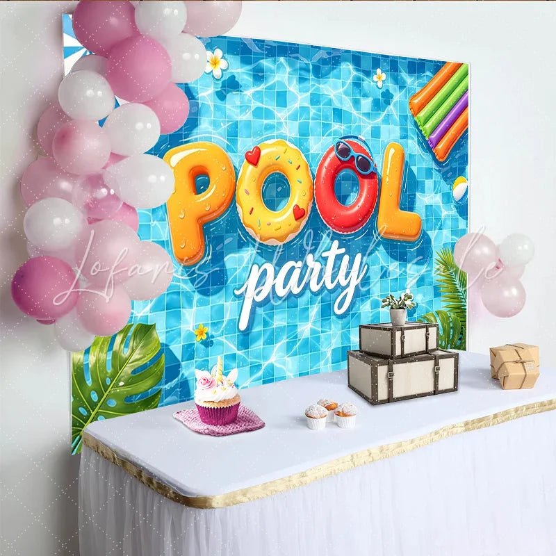 Lofaris Vibrant Blue Summer Pool Party Photography Backdrop with Inflatable Letters and Tropical Leaves Fun Celebration Background