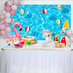 Lofaris Vibrant Blue Summer Pool Photography Backdrop with Flamingo and Beach Balls Tropical Vacation Background for Photoshoot