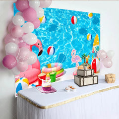 Lofaris Vibrant Blue Summer Pool Photography Backdrop with Flamingo and Beach Balls Tropical Vacation Background for Photoshoot