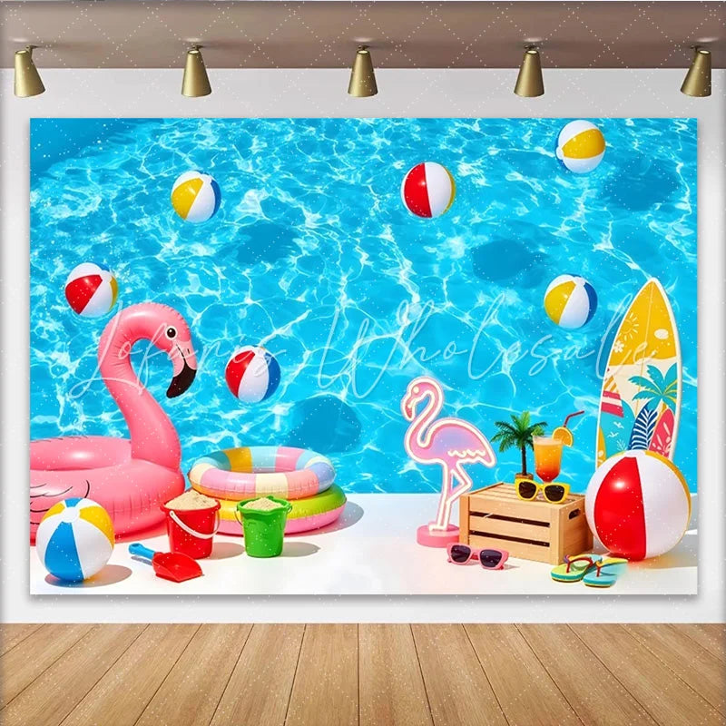 Lofaris Vibrant Blue Summer Pool Photography Backdrop with Flamingo and Beach Balls Tropical Vacation Background for Photoshoot