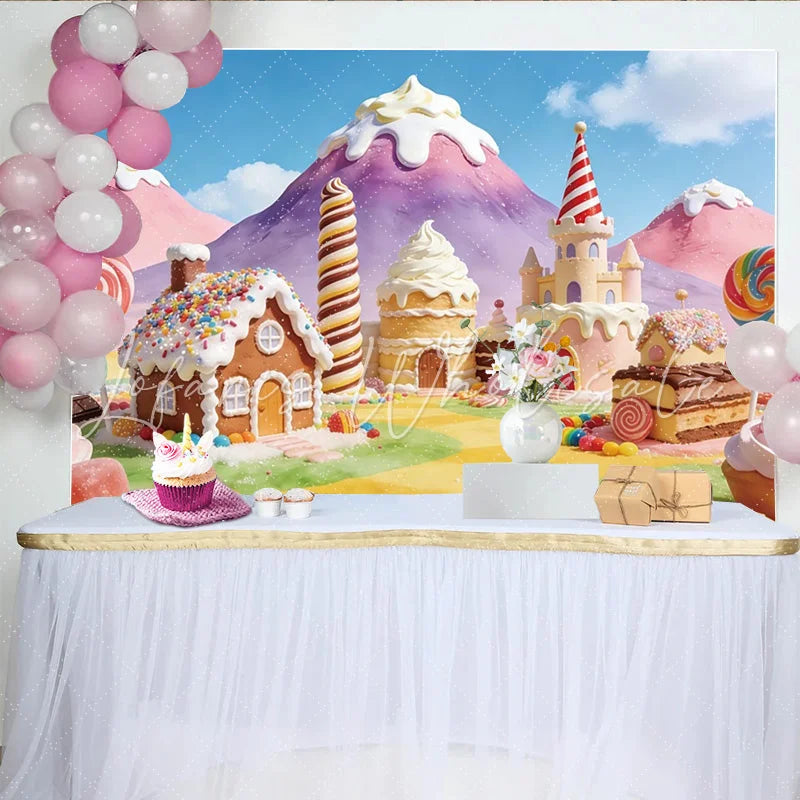 Lofaris Vibrant Candy Land Birthday Backdrop with Gingerbread House and Castle Sweet Fantasy Party Background for Kids Photoshoot