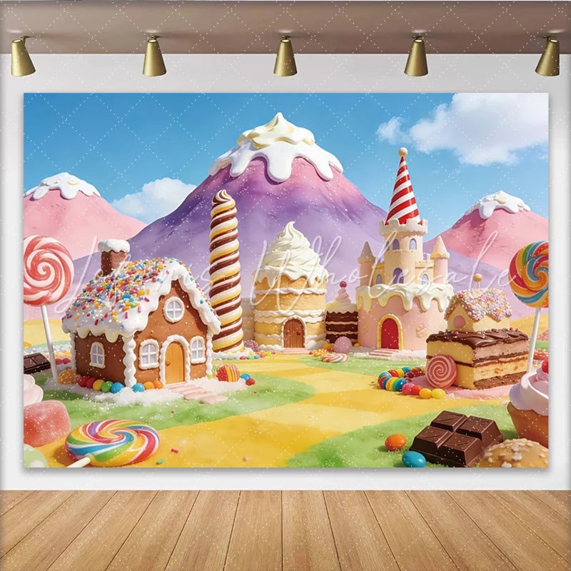 Lofaris Vibrant Candy Land Birthday Backdrop with Gingerbread House and Castle Sweet Fantasy Party Background for Kids Photoshoot