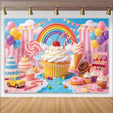 Lofaris Vibrant Candy Land Birthday Backdrop with Rainbow Cupcakes and Balloons Sweet Dessert Table Photography Background for Kids Party