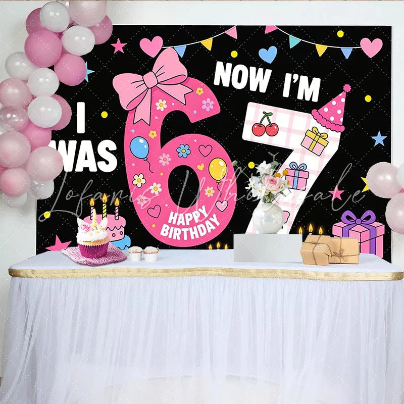 Lofaris Vibrant Cartoon 7th Birthday Backdrop with Cakes Balloons and Stars Festive Party Decor for Kids Photoshoot and Celebration