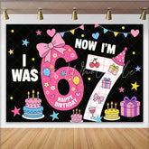 Lofaris Vibrant Cartoon 7th Birthday Backdrop with Cakes Balloons and Stars Festive Party Decor for Kids Photoshoot and Celebration