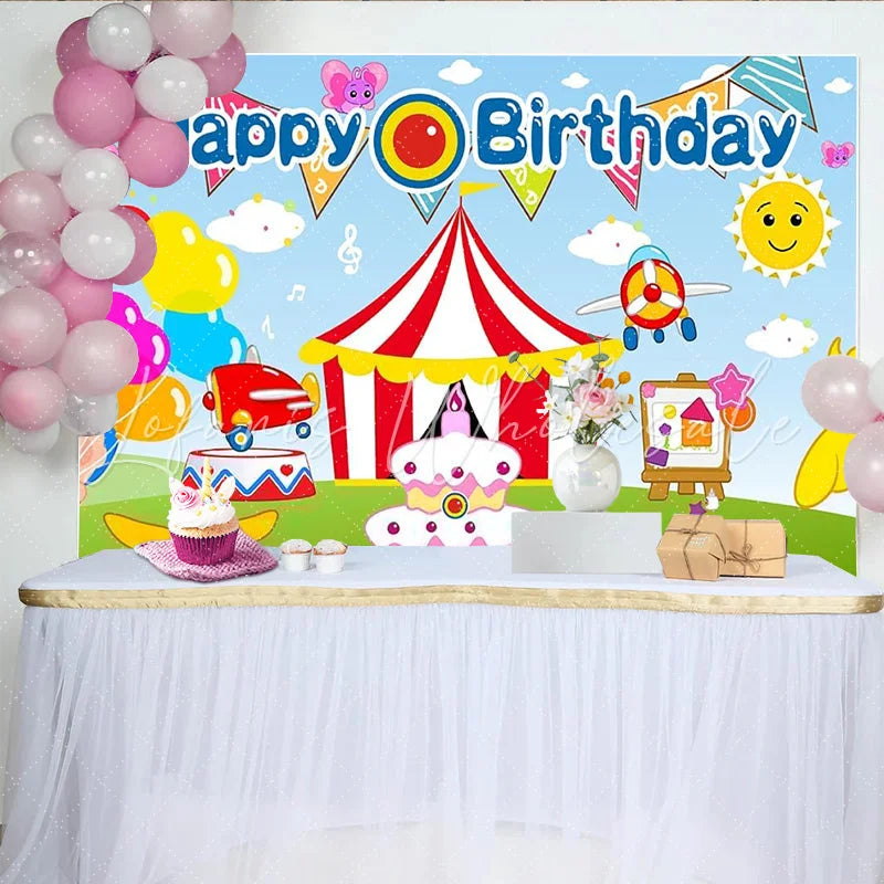 Lofaris Vibrant Cartoon Birthday Backdrop with Circus Tent and Airplanes Colorful Party Decor for Kids Photoshoot