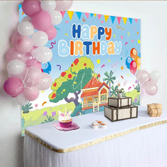 Lofaris Vibrant Cartoon Birthday Backdrop with Happy Birthday Balloons and Charming House Scene Party Decoration for Kids