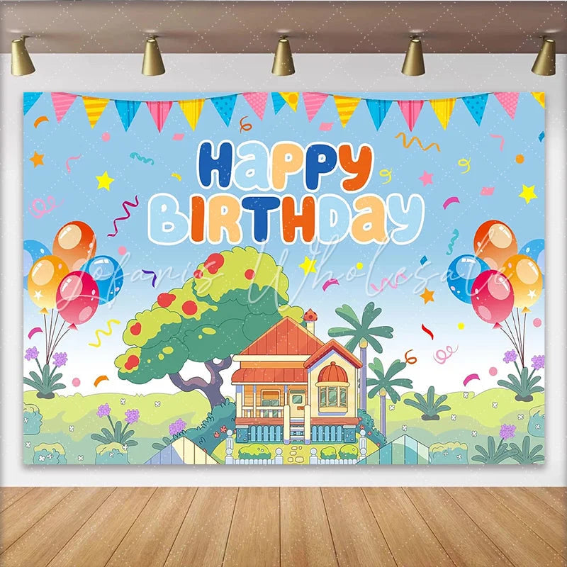 Lofaris Vibrant Cartoon Birthday Backdrop with Happy Birthday Balloons and Charming House Scene Party Decoration for Kids