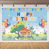 Lofaris Vibrant Cartoon Birthday Backdrop with Happy Birthday Balloons and Charming House Scene Party Decoration for Kids